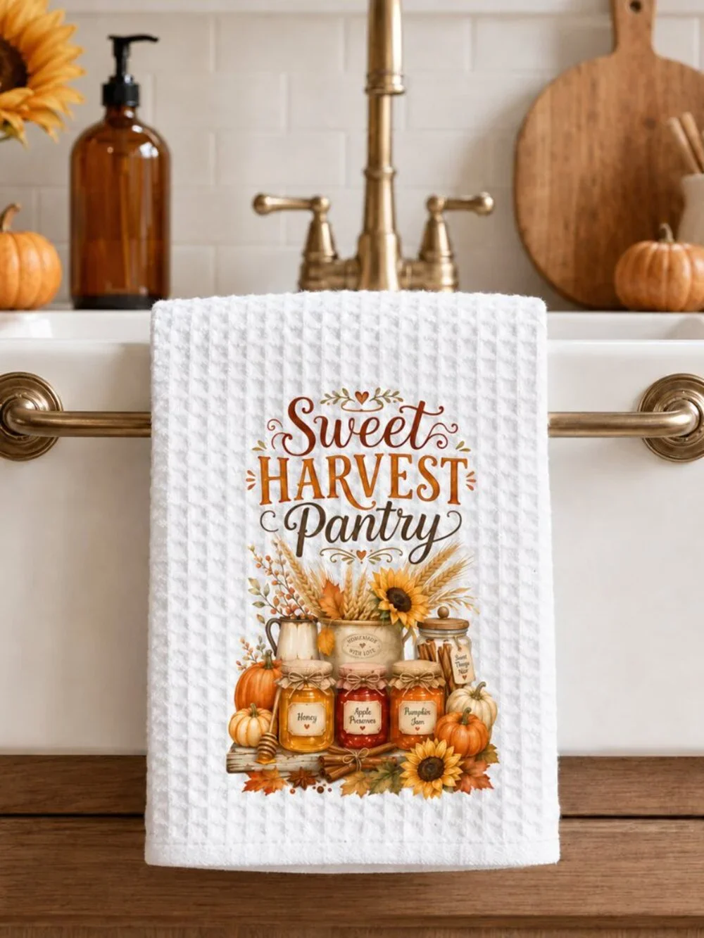Sweet Harvest Pantry Fall Kitchen Towel, Pumpkin Sunflower Dish Towel